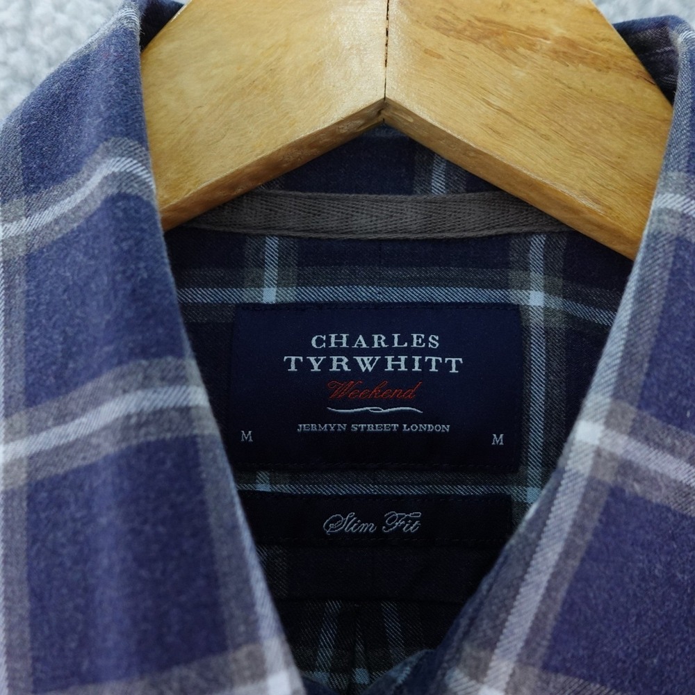 Charles Tyrwhitt Weekend Shirt Mens M Slim Fit Blue Plaid Long Sleeve Flannel - Picture 3 of 6